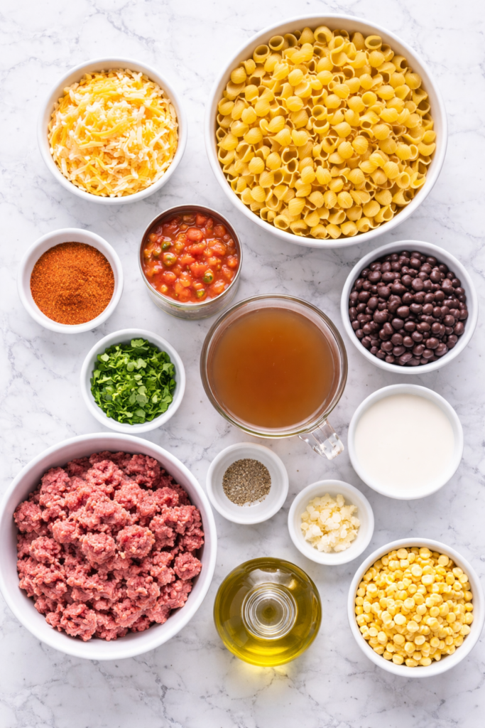ingredients for creamy taco pasta laid out in bowls on marble counter flat lay