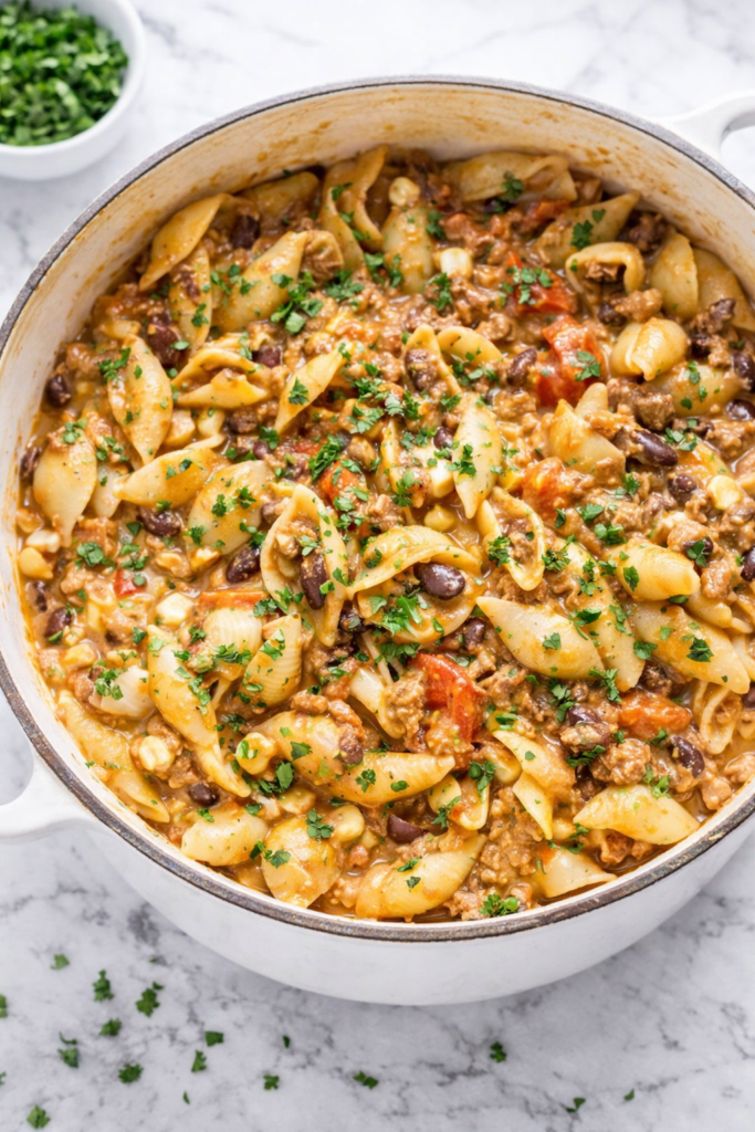 easy creamy taco pasta with ground beef black beans and cilantro in white pot on marble counter