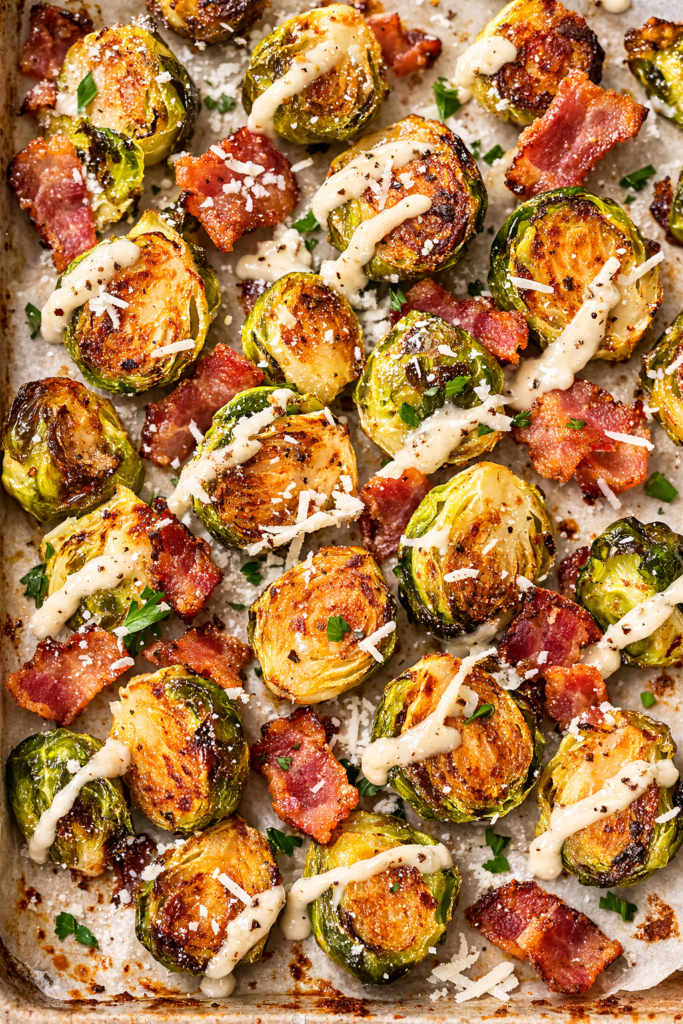 Crispy oven roasted Brussels sprouts with bacon and Caesar dressing on a sheet pan