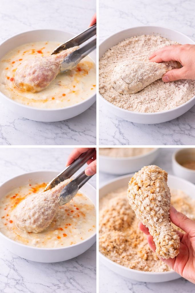 step by step process of breading fried chicken with buttermilk and seasoned flour