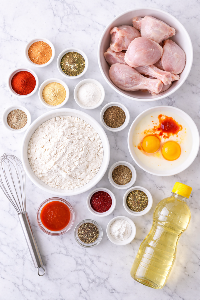 ingredients for crispy fried chicken coating with raw chicken, flour, buttermilk, eggs, hot sauce, spices, and oil