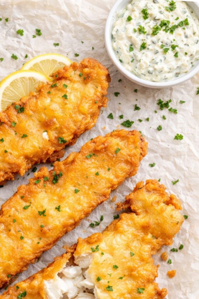 crispy beer battered fish fry with homemade tartar sauce and lemon slices on parchment paper