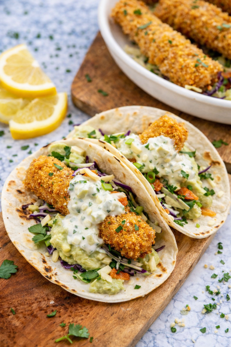 crispy fish stick tacos with cabbage slaw and creamy tartar sauce on a tortilla