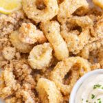 crispy fried calamari rings and tentacles served with garlic aioli dipping sauce and lemon slices