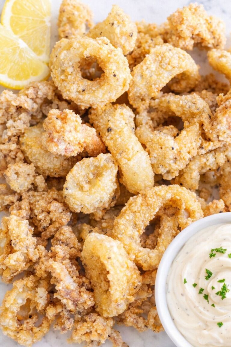 crispy fried calamari rings and tentacles served with garlic aioli dipping sauce and lemon slices