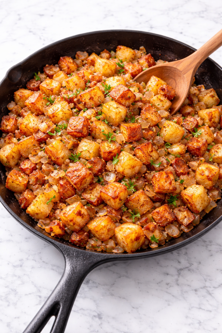 Golden, crispy home fries cooked in a cast iron skillet with caramelized onions