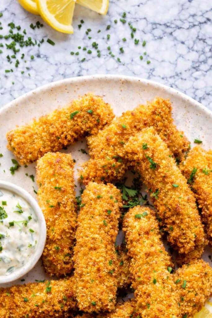 Golden crispy homemade fish sticks served with creamy tartar sauce and fresh lemon.