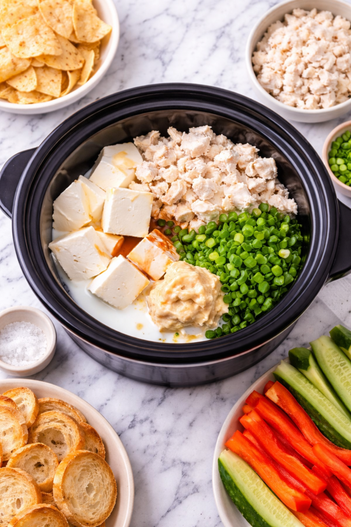 crockpot crab dip ingredients before cooking including cream cheese, lump crab meat, green onions, milk, and seasonings