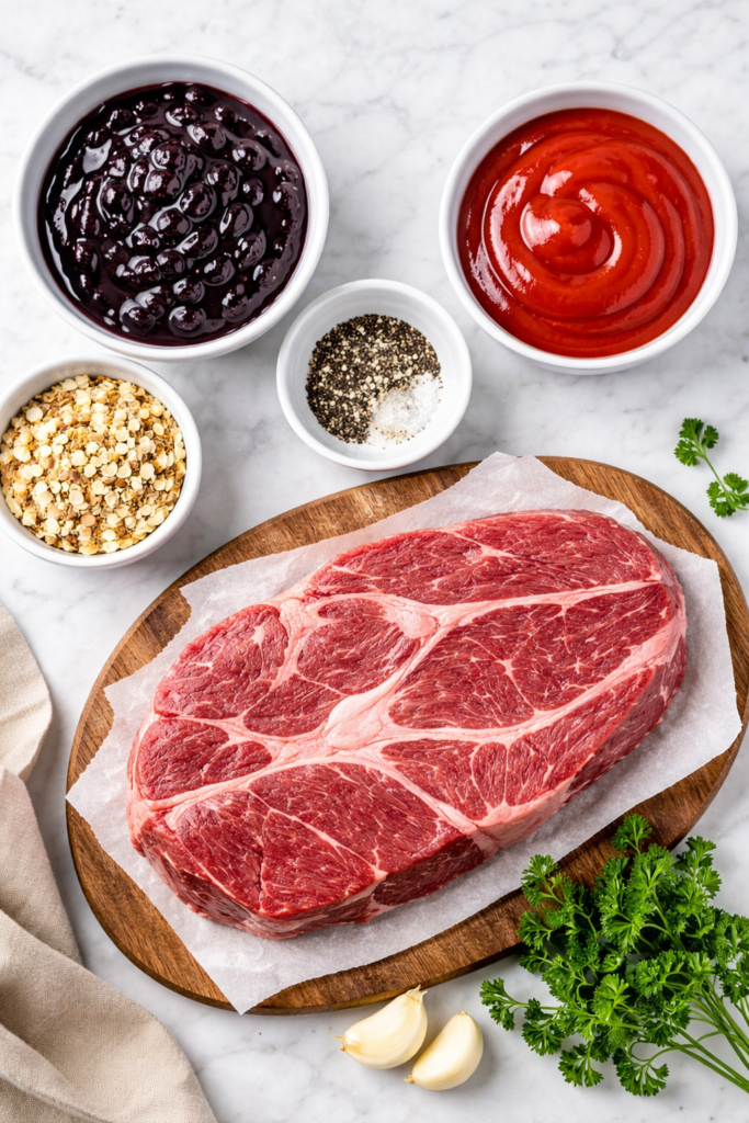Flat lay of ingredients for crockpot grape jelly shredded beef including chuck roast, grape jelly, ketchup, onion soup mix, and black pepper on a marble counter