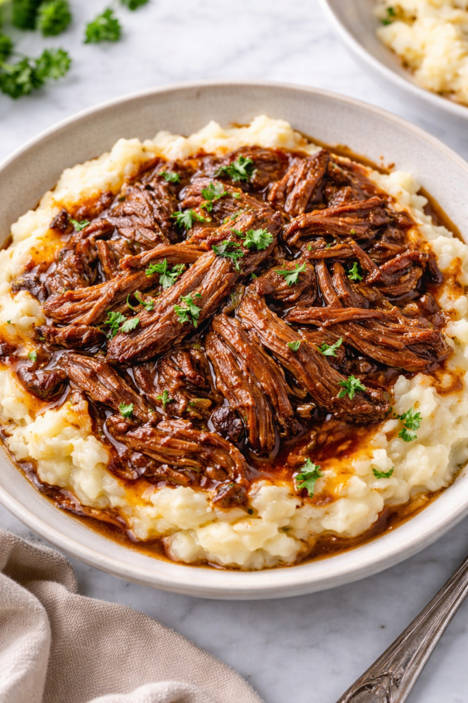 Crockpot grape jelly shredded beef served over creamy mashed potatoes in a bowl with parsley garnish