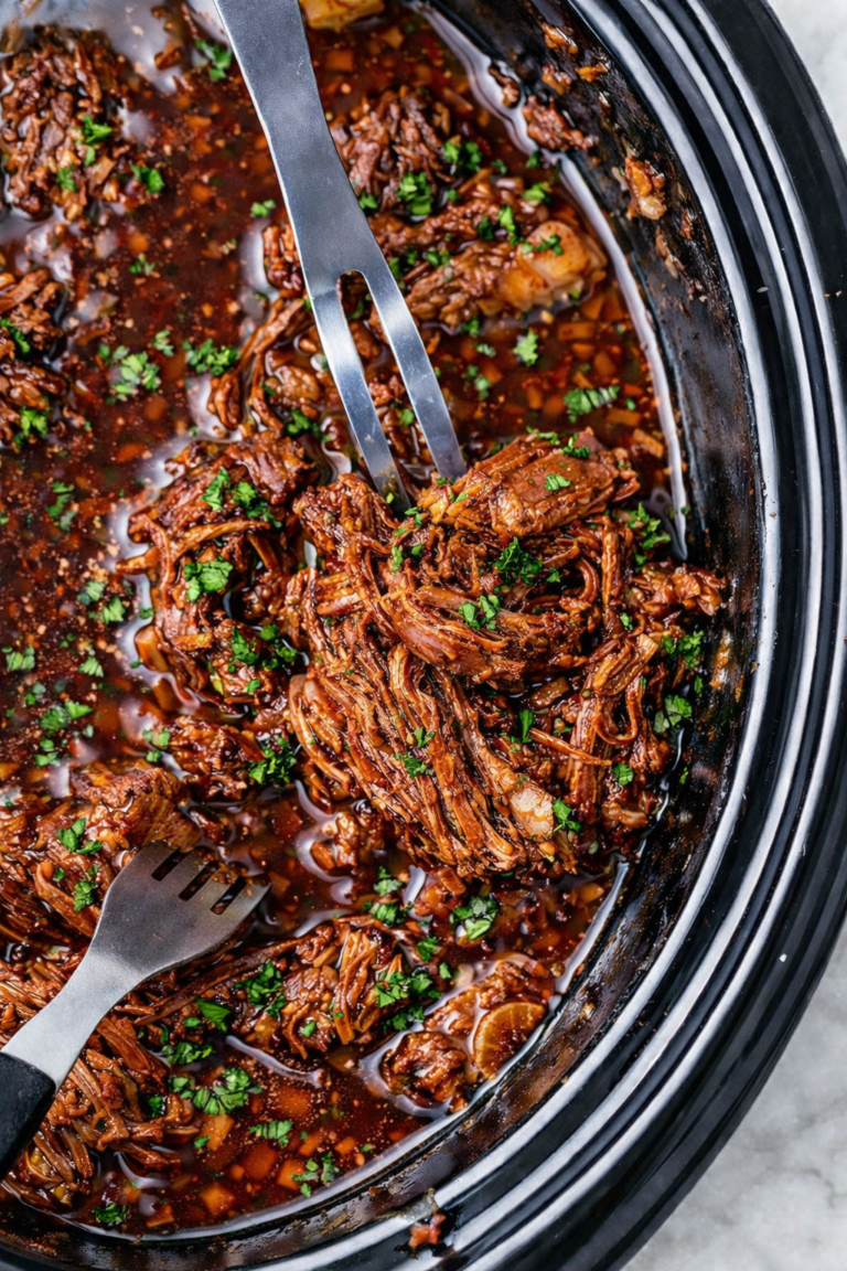 Crockpot shredded beef in grape jelly and ketchup sauce being pulled apart with forks in a slow cooker with parsley garnish