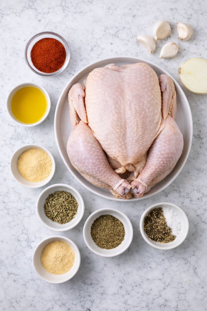 flat lay of ingredients for crockpot rotisserie whole chicken on marble counter