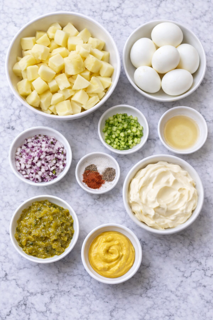 Flat lay of ingredients for deviled egg potato salad including potatoes, eggs, mayonnaise, mustard, relish, onion, celery, vinegar, and spices in white bowls on a marble countertop