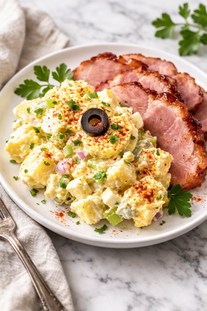 Scoop of creamy deviled egg potato salad with paprika, parsley, and black olive slices served with baked ham on a white plate on a marble countertop