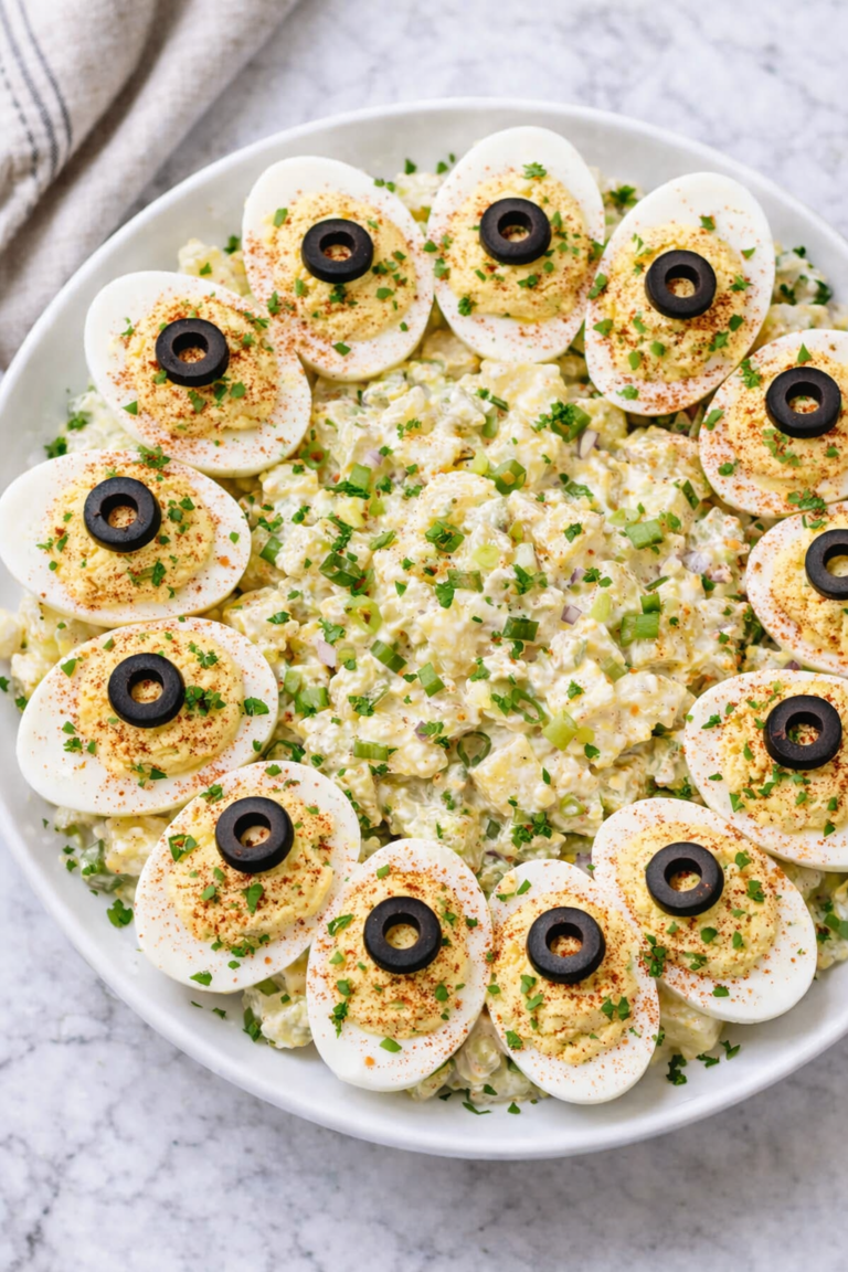 Deviled egg potato salad topped with paprika, parsley, and black olive slices served on a white platter on a marble countertop