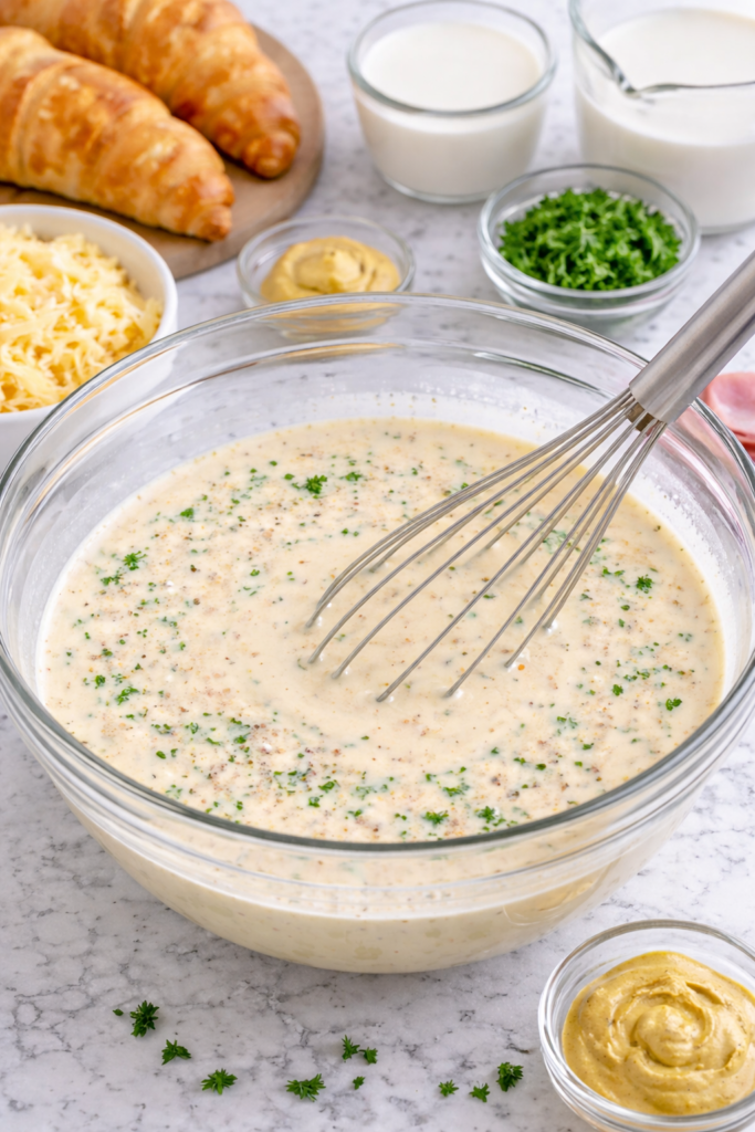 Glass bowl of creamy Dijon egg custard being whisked for croissant breakfast casserole with visible herbs and seasoning
