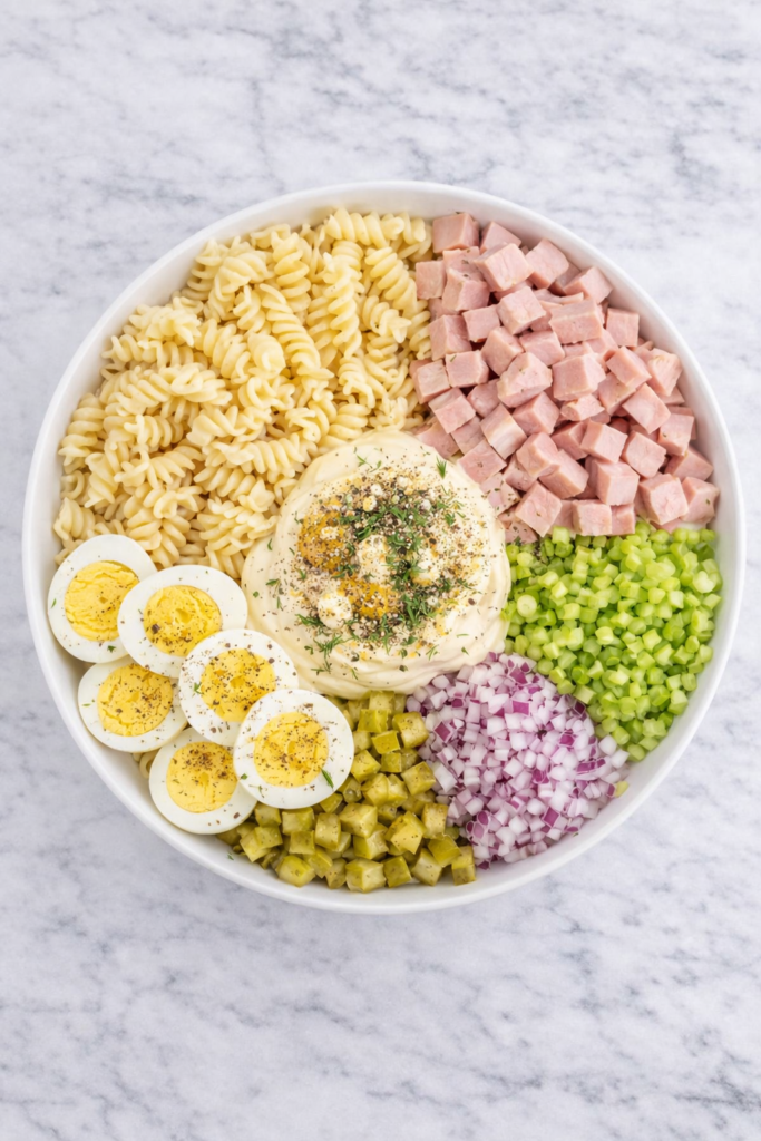 ingredients for dill pickle deviled egg pasta salad with ham arranged in a bowl before mixing on a marble counter
