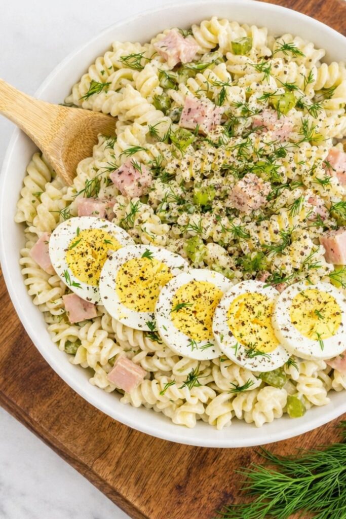 dill pickle deviled egg pasta salad with ham topped with sliced eggs dill and black pepper in a white bowl on a marble counter