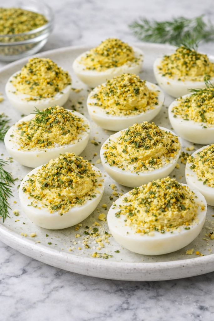 Deviled eggs sprinkled with homemade dill pickle seasoning on a white plate on a marble countertop
