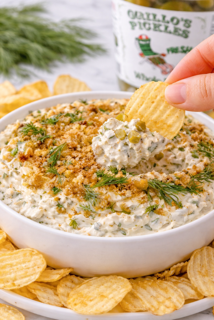 Crinkle cut potato chip being dipped into creamy dill pickle dip topped with toasted breadcrumbs and fresh dill in a white bowl on a marble countertop.