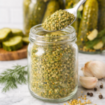 Homemade dill pickle seasoning in a glass jar with a spoon scooping the seasoning and jars of dill pickles in the background on a marble countertop
