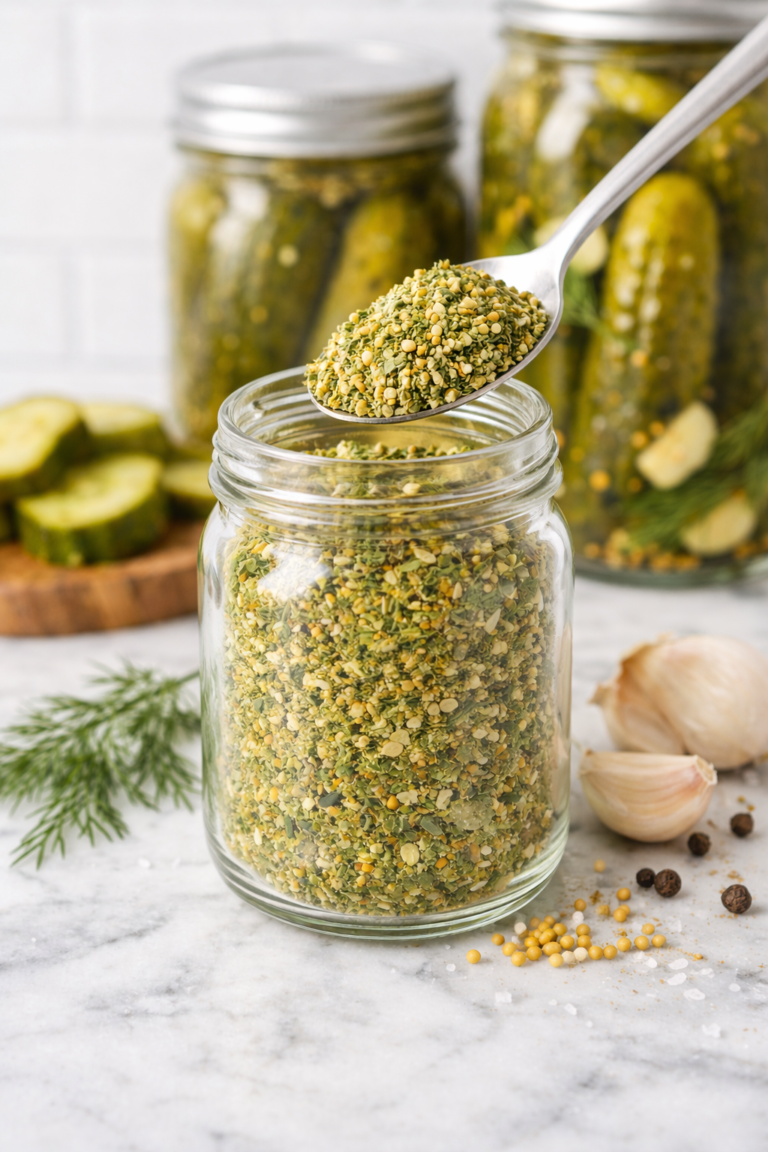 Homemade dill pickle seasoning in a glass jar with a spoon scooping the seasoning and jars of dill pickles in the background on a marble countertop