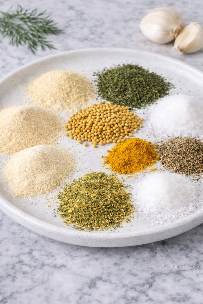 Spices for homemade dill pickle seasoning arranged in piles on a white plate on a marble countertop before mixing
