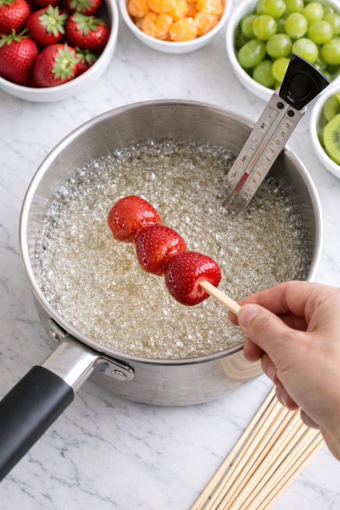 Strawberries on a skewer being dipped into hot sugar syrup in a stainless steel pot to make tanghulu on a marble countertop