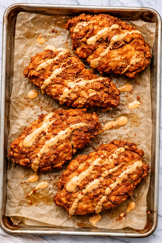 Crispy fried chicken cutlets on a well used baking sheet with wrinkled parchment paper and drizzled spicy mayo sauce