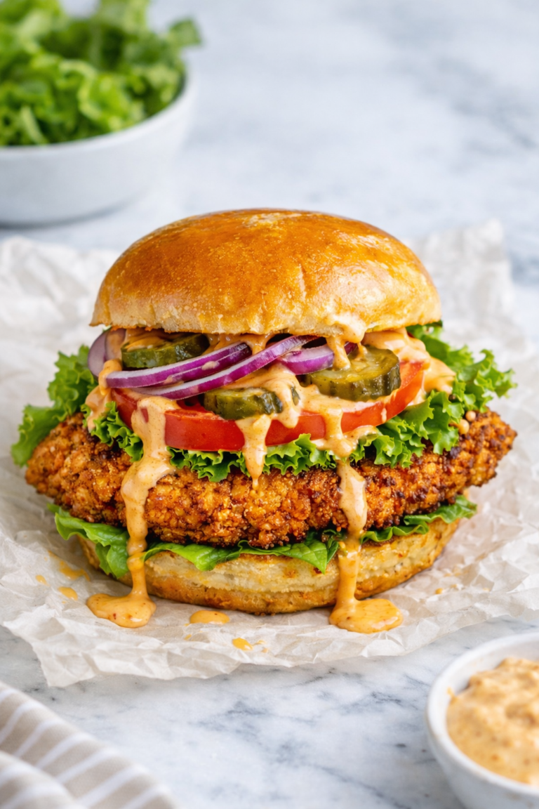 Dirty Bird spicy fried chicken sandwich with crispy chicken cutlet, pickles, lettuce, tomato, and drippy spicy sauce on a brioche bun