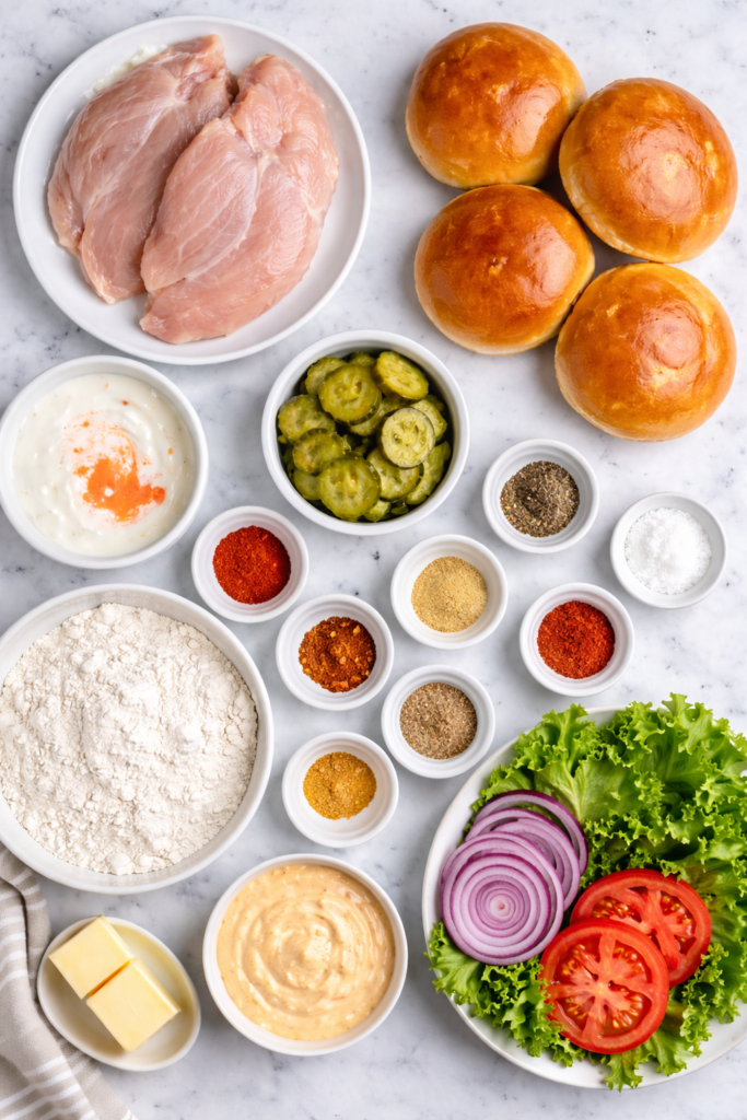 Flat lay of ingredients for a Dirty Bird spicy chicken sandwich including chicken breasts, brioche buns, pickles, lettuce, tomato, onion, flour, spices, and spicy mayo