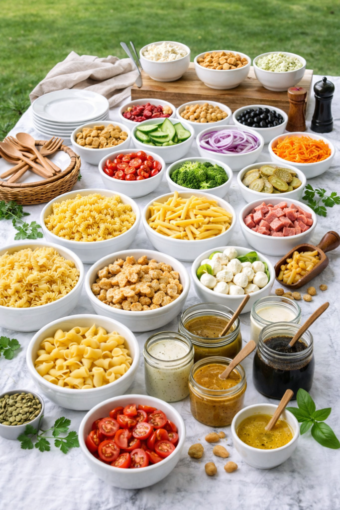 DIY pasta salad bar setup on a long table with white tablecloth and bowls of pasta, vegetables, proteins, and dressings