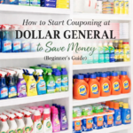Dollar General couponing stockpile with Tide detergent, cleaning sprays, laundry supplies, and household items organized on white shelves