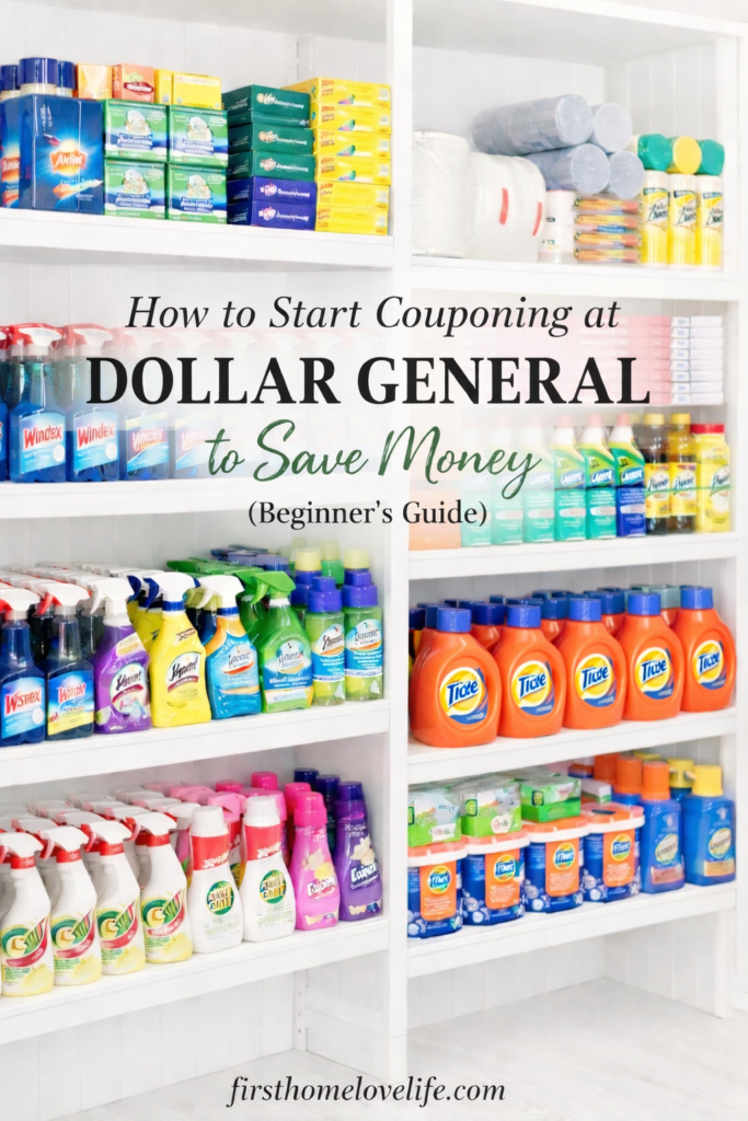 Dollar General couponing stockpile with Tide detergent, cleaning sprays, laundry supplies, and household items organized on white shelves