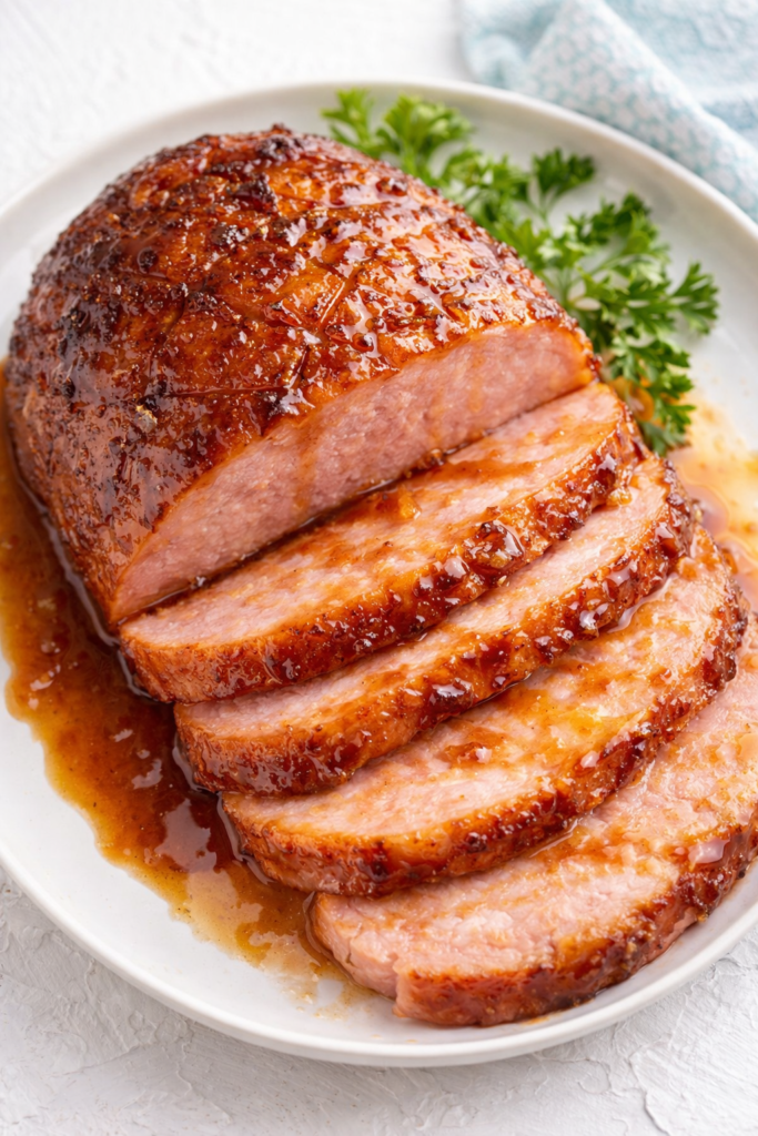 Brown sugar glazed ham sliced on a plate for a budget Dollar Tree Easter dinner
