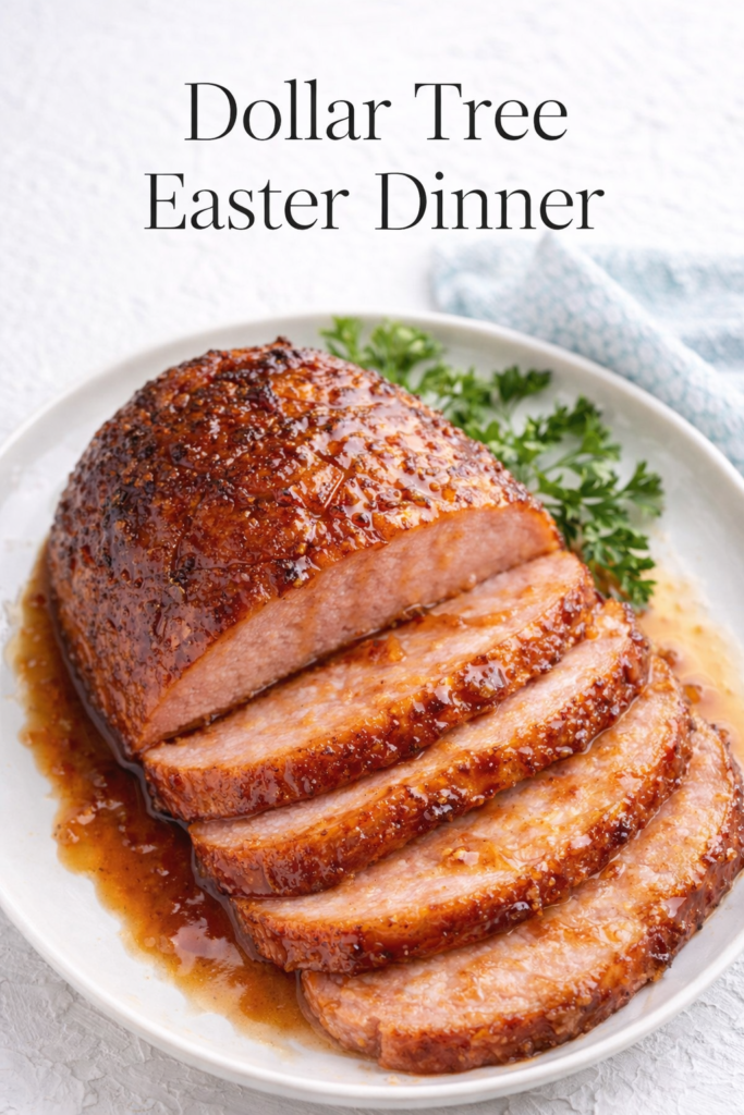 Brown sugar glazed ham sliced on a plate with text Dollar Tree Easter Dinner