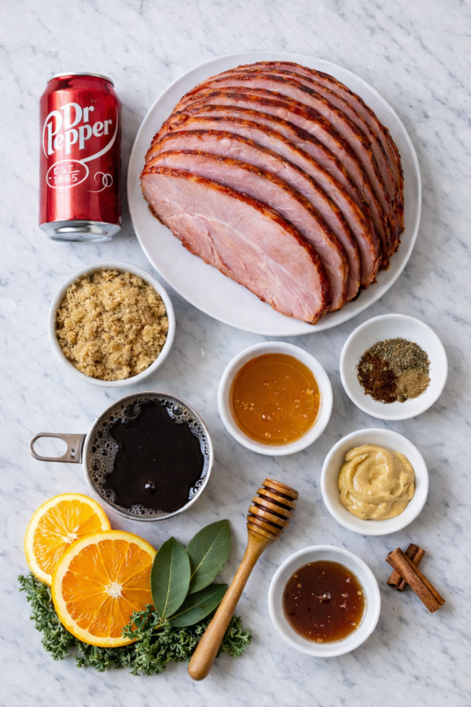 Flat lay of ingredients for baked Dr Pepper glazed ham including spiral ham, Dr Pepper, brown sugar, honey, Dijon mustard, spices, and orange slices