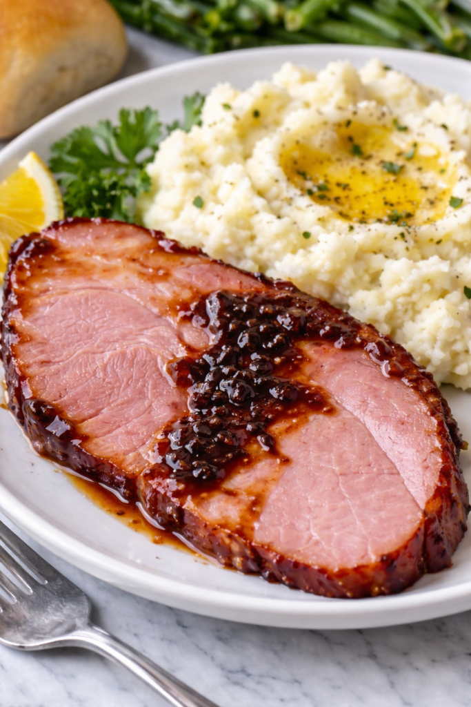 Slice of baked Dr Pepper glazed ham served with creamy mashed potatoes and butter on a white plate