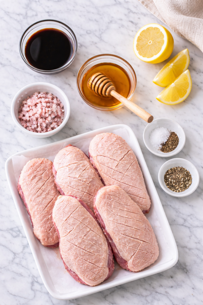 Flat lay of duck breast ingredients including raw duck breasts, balsamic vinegar, honey, lemon, shallots, salt, and pepper on marble countertop