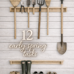 early spring garden cleanup tasks with garden tools hanging on white barn wall and hunter boots below