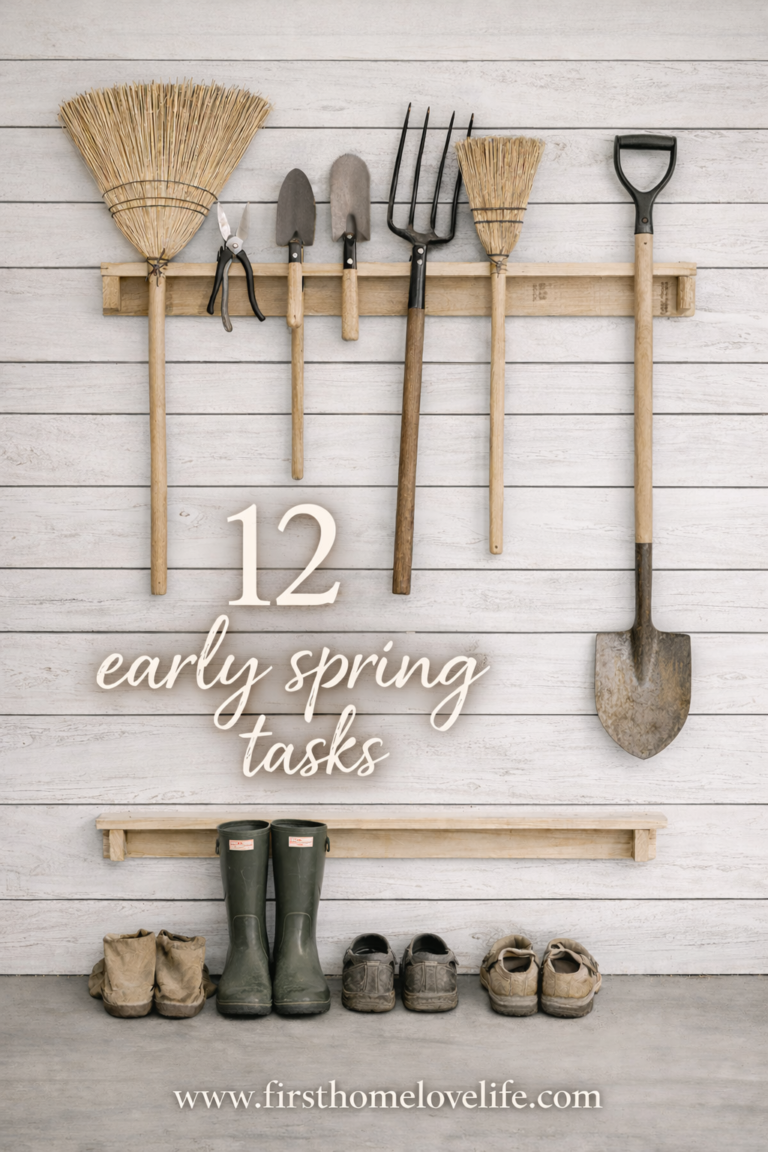 early spring garden cleanup tasks with garden tools hanging on white barn wall and hunter boots below