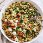 easy chickpea farro salad with feta avocado salami and fresh herbs in a white bowl on a marble countertop