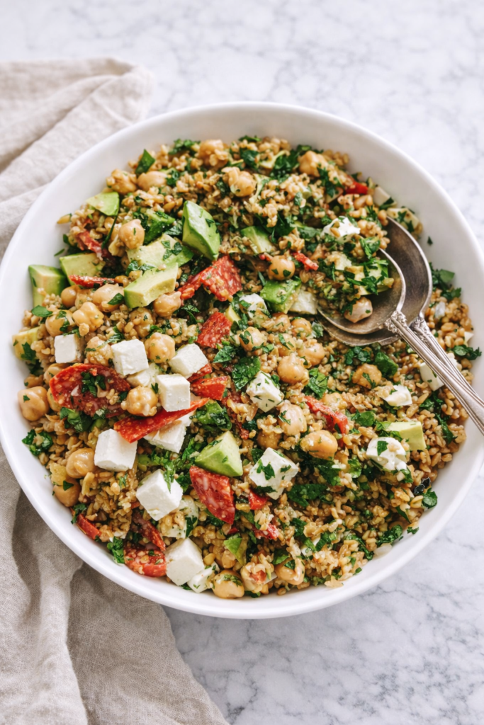 easy chickpea farro salad with feta avocado salami and fresh herbs in a white bowl on a marble countertop
