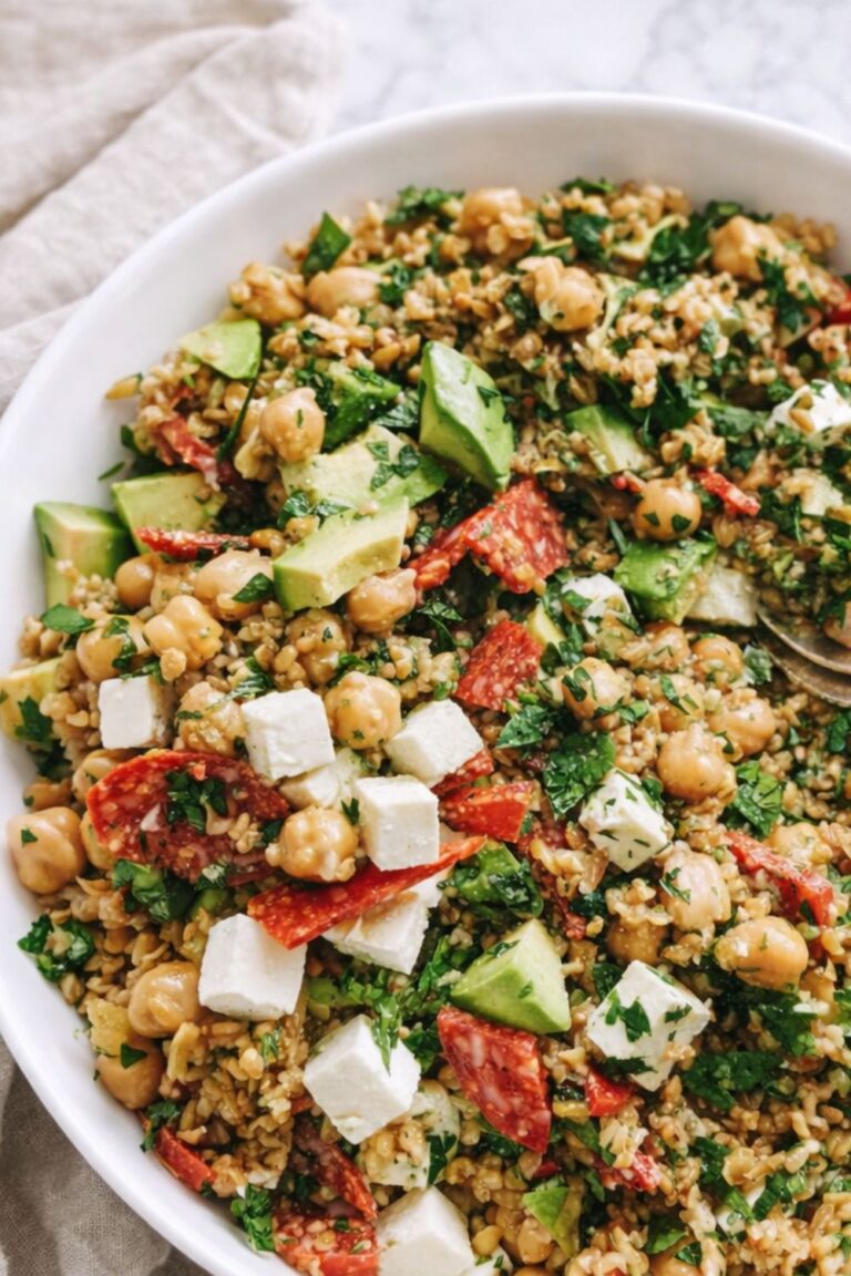 easy chickpea farro salad with feta avocado salami and fresh herbs in a white bowl on a marble countertop