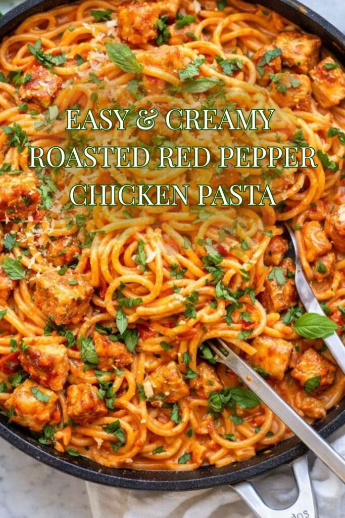 Easy creamy roasted red pepper chicken pasta with spaghetti, seasoned chicken, parmesan, and fresh basil in a skillet