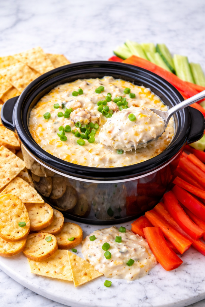 easy crockpot crab dip with cream cheese and green onions in a small slow cooker with chips and vegetables