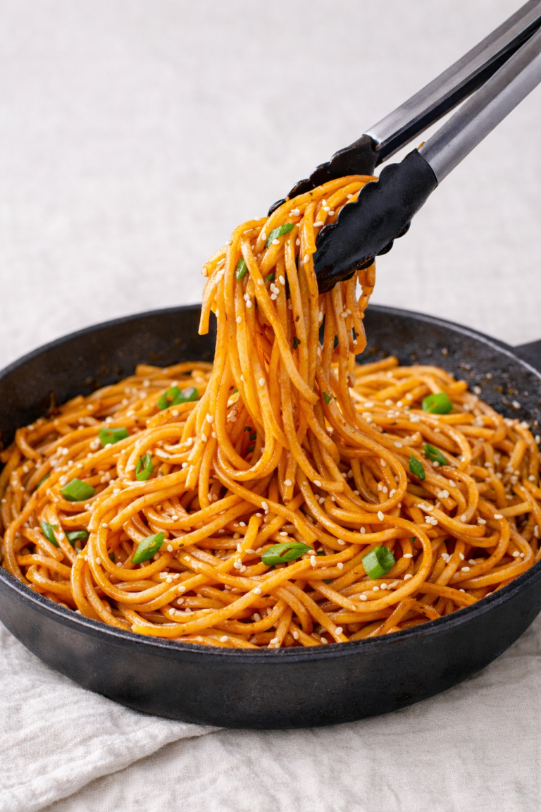 easy hibachi noodles lifted with tongs in skillet with garlic butter soy sauce