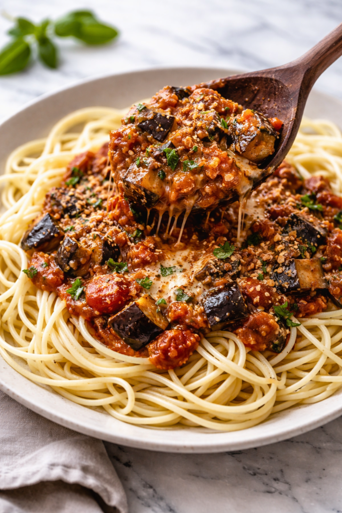 eggplant parmesan stir fry spooned over cooked spaghetti with melted cheese and breadcrumbs