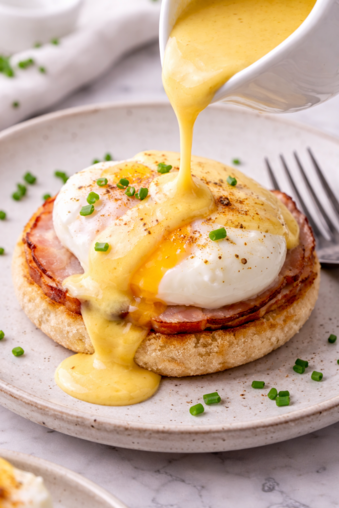 Eggs Benedict made with an oven poached egg, topped with Canadian bacon and drizzled with creamy hollandaise sauce.