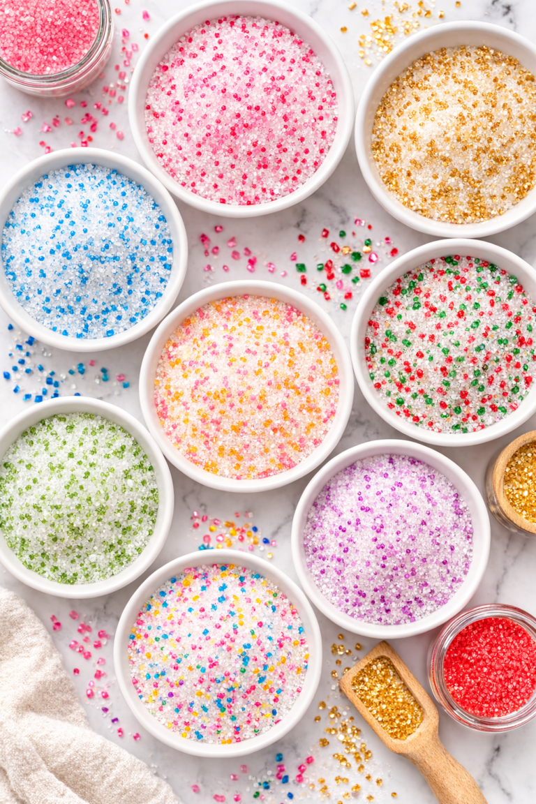 Flat lay of homemade fancy sugar mixes in white bowls with colorful decorating sugar blended into granulated sugar on a marble countertop